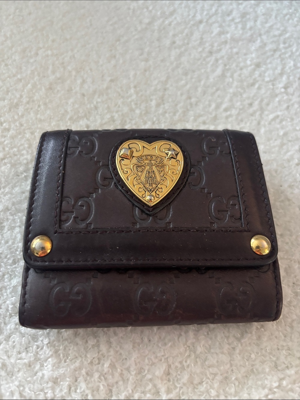 Gucci Dark Brown Embossed Leather Card Holder with Gold Heart Emblem